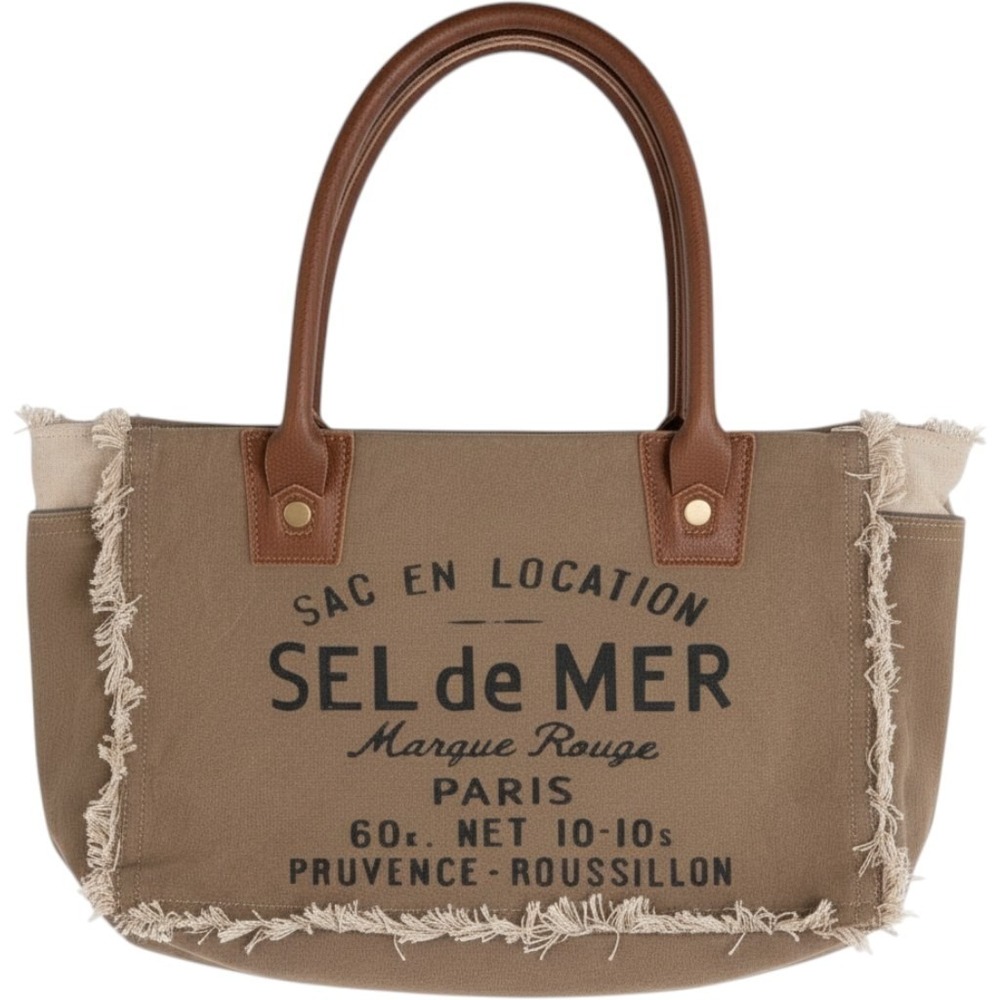 Sel de Mer French Market Tote Bag Frayed Canvas Shoulder Bag Olive Brown Boho